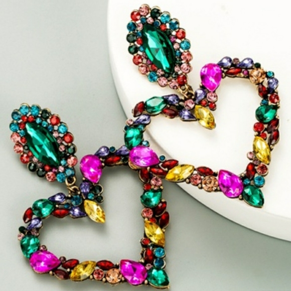 Rhinestone Heart Statement Earrings - Multi-color - Picture 6 of 10